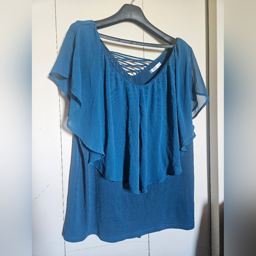 Ricki's Teal Flutter Sleeve Ruffled Blouse, XL